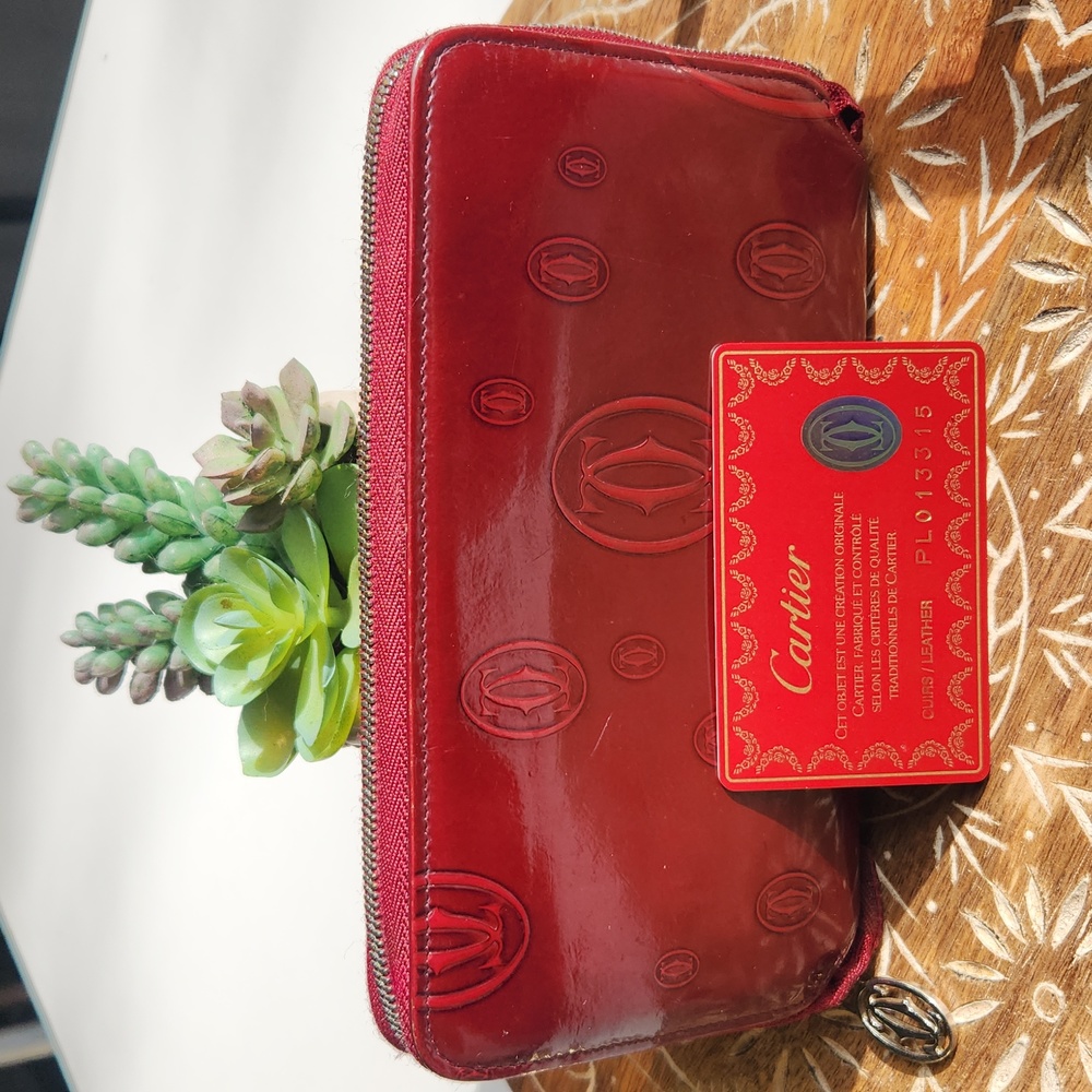 Cartier Happy Birthday Print Red Long Zip Wallet w/ Authentication Card